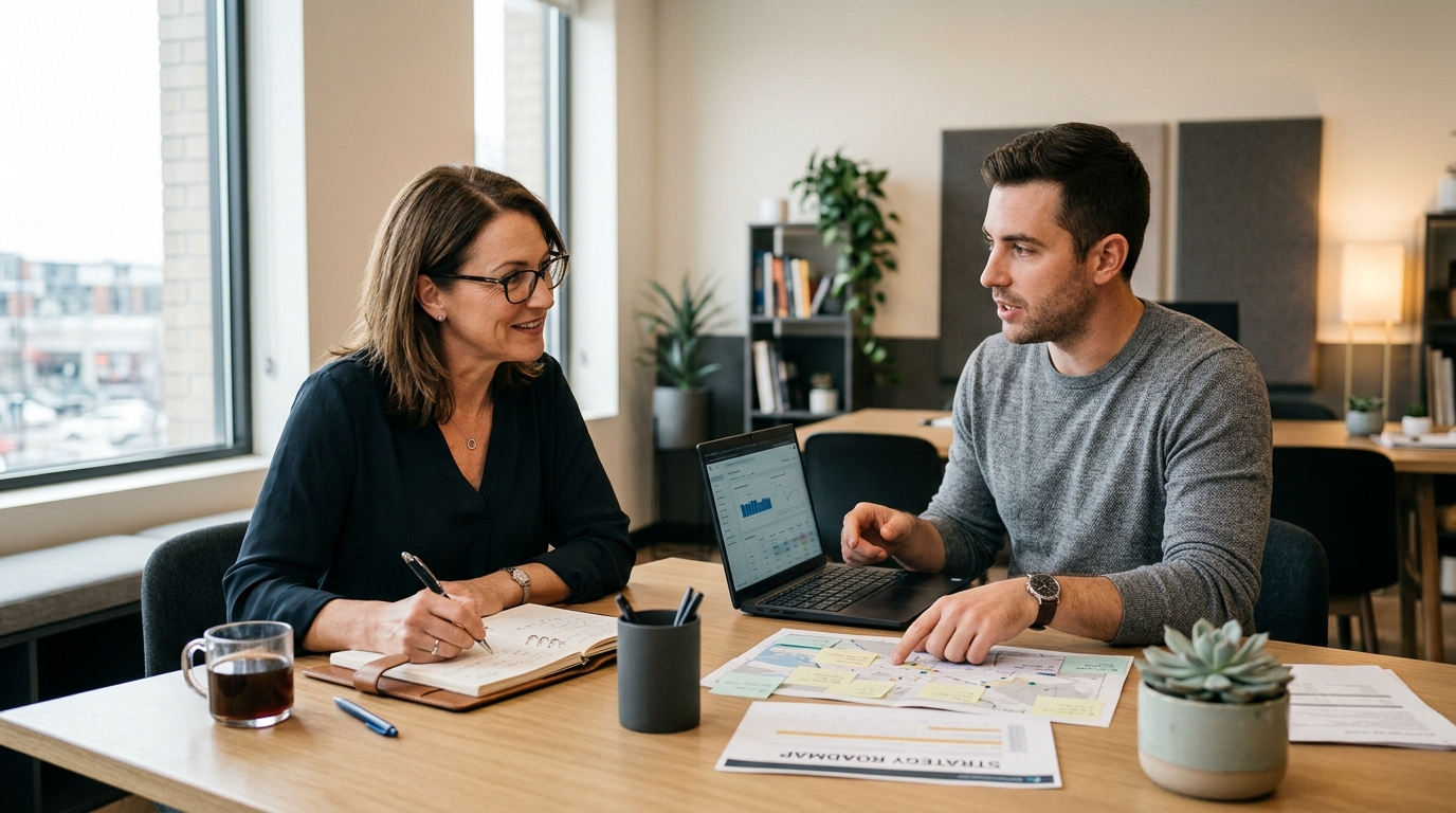 Local business owner learning Google Ads strategy with a consultant