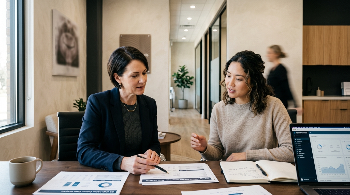 Dental office team reviewing high-value patient acquisition results