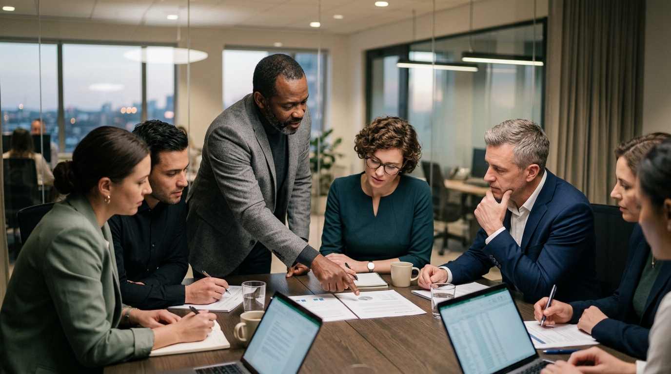 Law firm team reviewing lower intake cost results