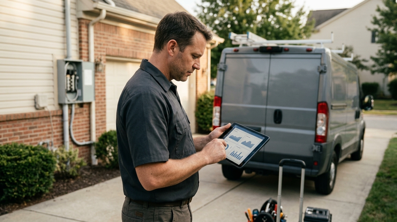Electrical contractor reviewing local lead performance on a tablet